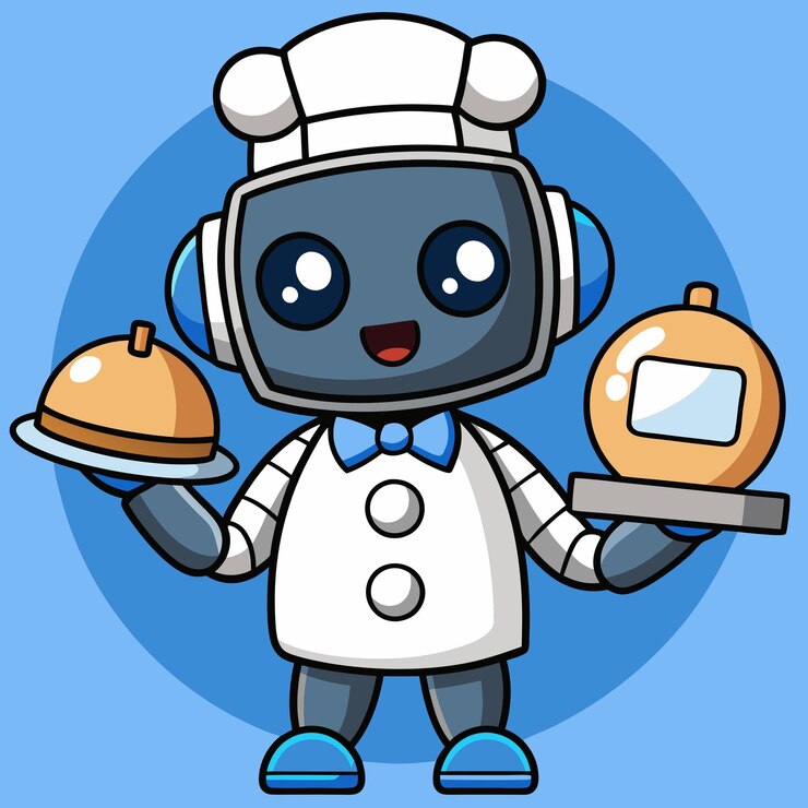 Vettore un amichevole chef robot ai serve un delizioso pasto