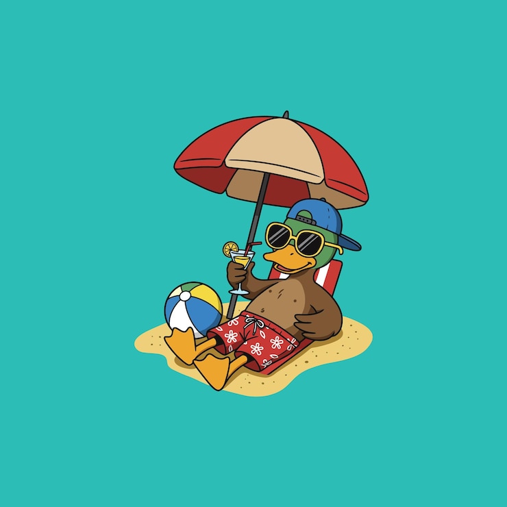 Vettore un'anatra elegante si gode di una giornata rilassante in spiaggia sotto un ombrello sorseggia un cocktail ball da spiaggia e vibrazioni estive abbondano è un'illustrazione divertente e spensierata
