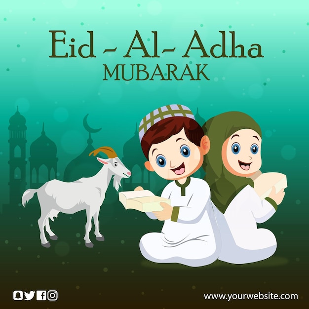 Un annuncio per eid al adha mubarak con una capra e un ragazzo che legge