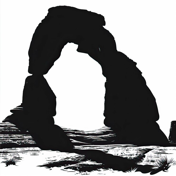 Vettore un arco di pietra nella silhouette del deserto illustrazione