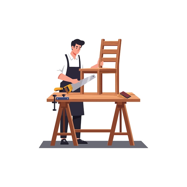 Un artigiano che usa una sega per costruire una sedia di legno su un banco da lavoro