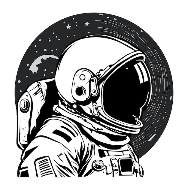 Un astronauta con un disegno in bianco e nero di un pianeta e delle stelle.