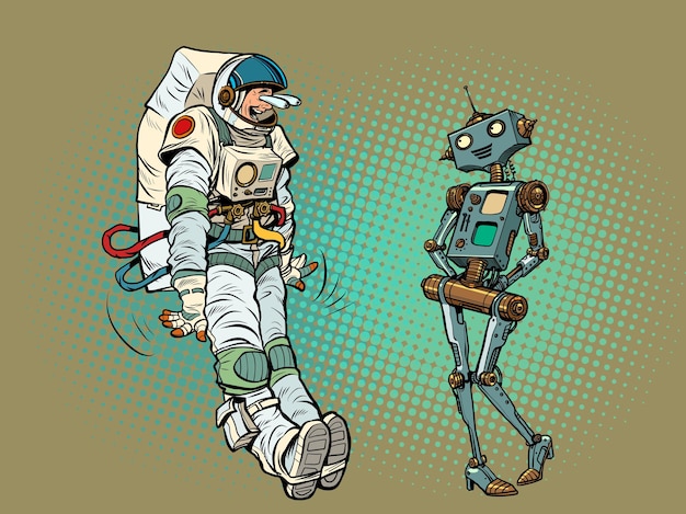 Un astronauta in una posa shock da cartone animato che guarda un robot femmina