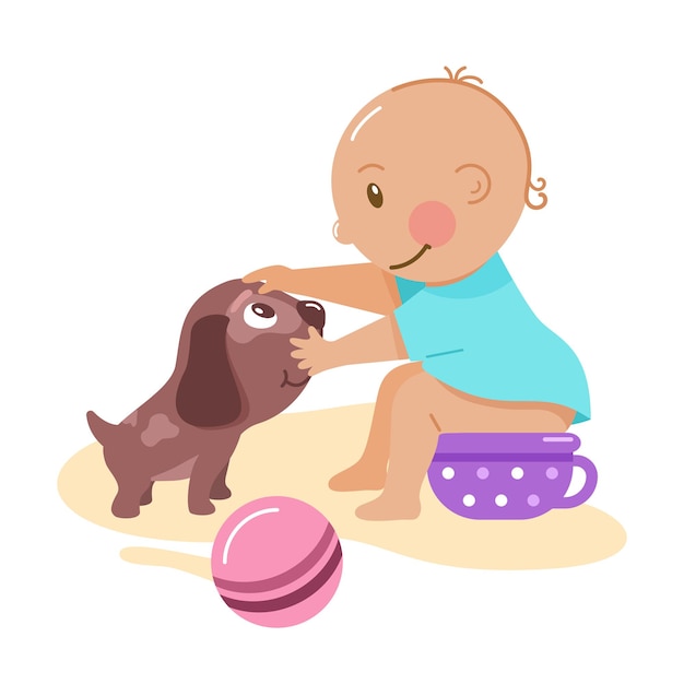 Un bambino carino si siede su un vasino e gioca con un piccolo cucciolo.