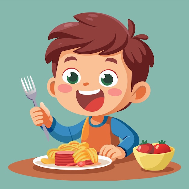 un bambino con una forchetta e un piatto di cibo con una forcella e una ciotola di cibo