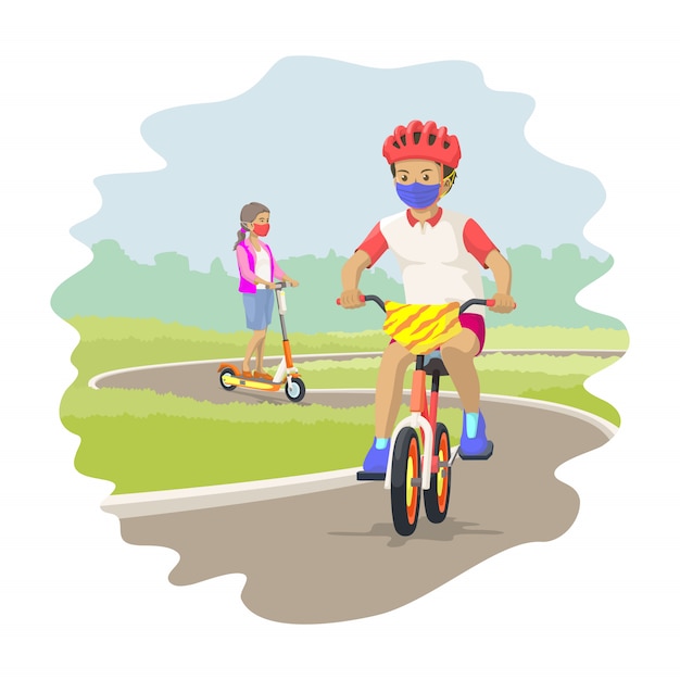 Un bambino in bicicletta e una ragazza in sella a uno scooter elettrico con maschera nella nuova era normale. illustrazione