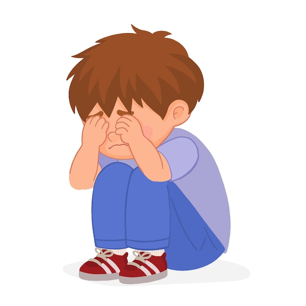 Un bambino triste, indifeso, bullo, un bambino seduto a piangere.