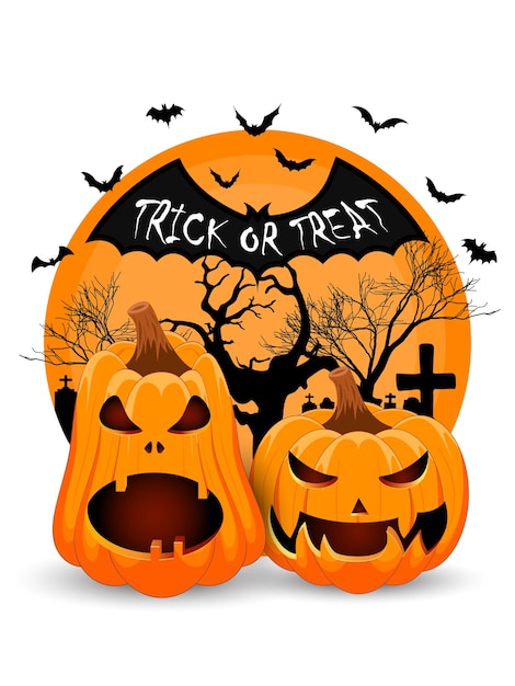 Un banner festivo di Halloween con spaventose zucche arancioni e pipistrelli spaventosi sullo sfondo di Halloween