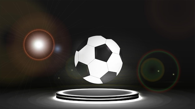 Un banner web con un pallone da calcio in bianco e nero su un podio scuro con luci al neon Un concept per un sito web a tema sportivo