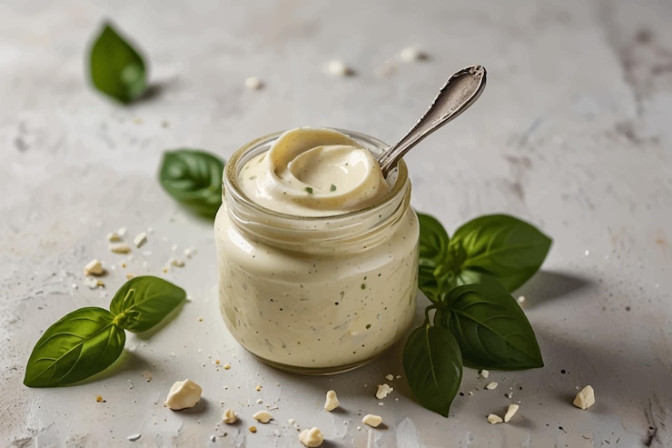 Vettore un barattolo di formaggio a crema con un cucchiaio in esso deliziosa salsa di tofu e foglie di basilico in una ciotola su una tavola grigia