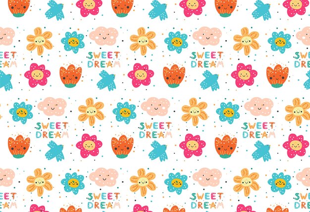 Un bel disegno senza cuciture con animali carini, fiori, arcobaleni, sole.