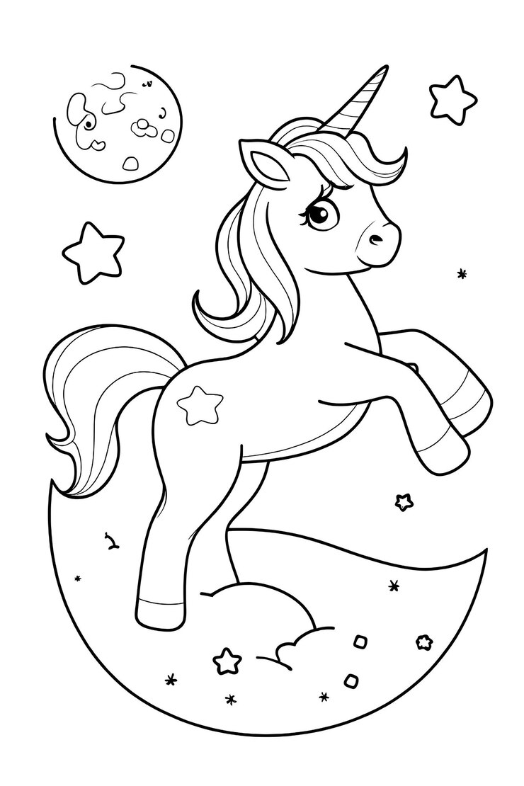 Un bellissimo unicorno sulla luna con le stelle