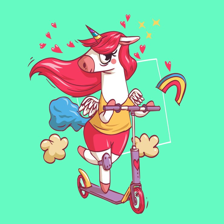 Un bellissimo unicorno super carino è in scooter