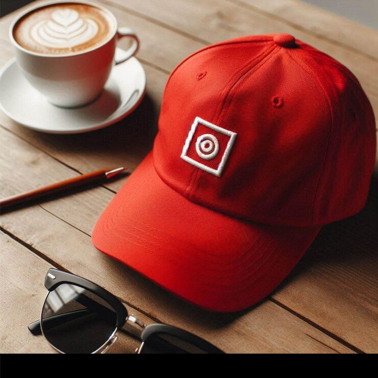 Vettore un berretto rosso con un logo su di esso si siede su un tavolo
