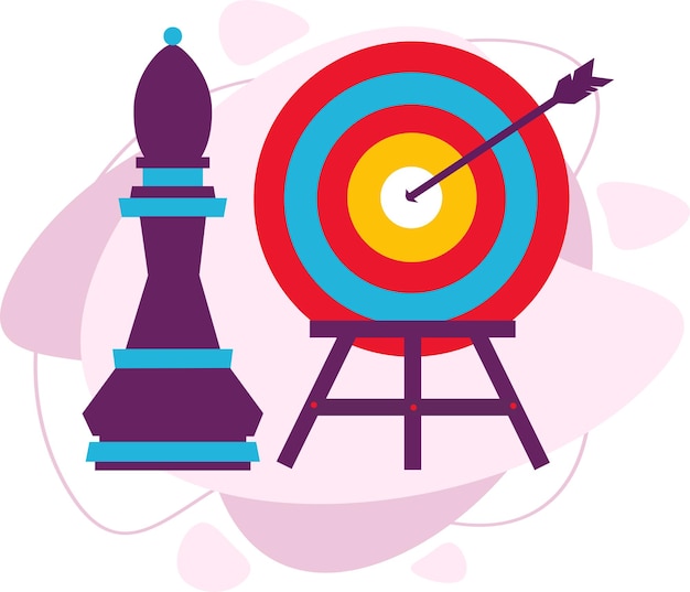Un bersaglio e un pezzo degli scacchi. Il concetto di una strategia aziendale con un simbolo di pezzi degli scacchi e un'illustrazione vettoriale dell'obiettivo. Illustrazione vettoriale piatto.