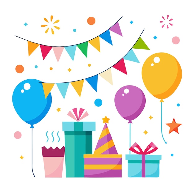 un biglietto di compleanno con dei palloncini e una scatola con una stella