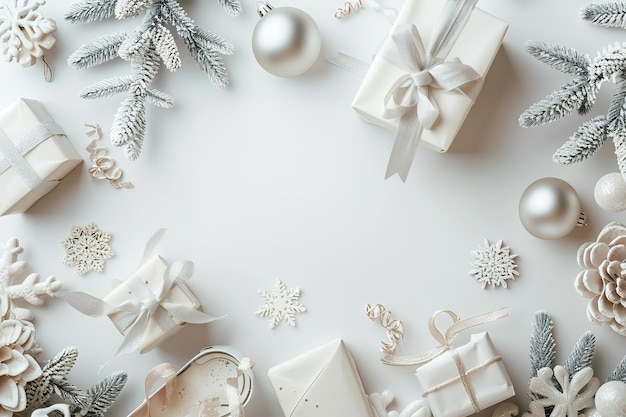 un biglietto di Natale bianco con un nastro bianco e una scatola regalo bianca