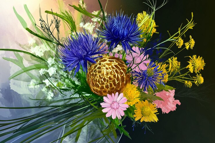 Vettore un bouquet di fiori con un cono di pino in cima