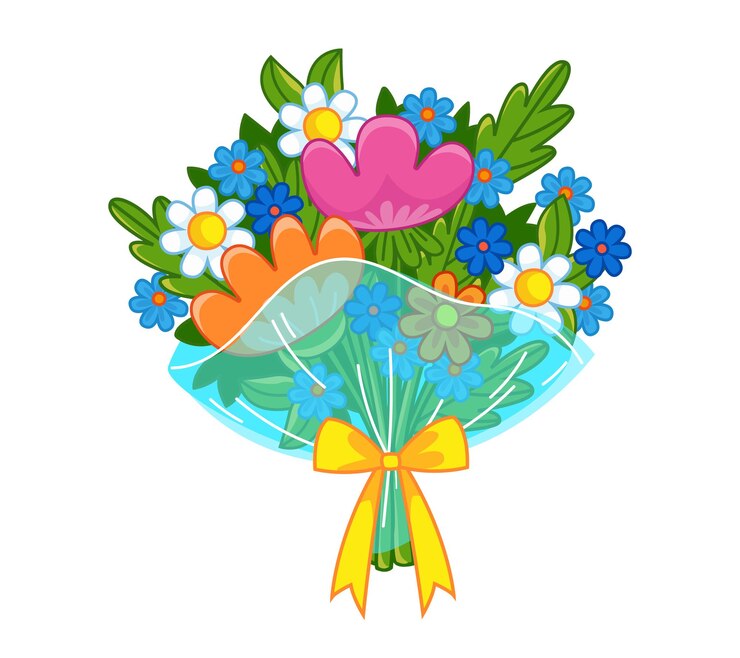 Vettore un bouquet di fiori di camomilla, tulipani rosa e ortensie blu, confezione trasparente e con fiocco