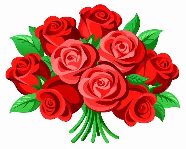 un bouquet di rose rosse con foglie verdi e uno sfondo bianco