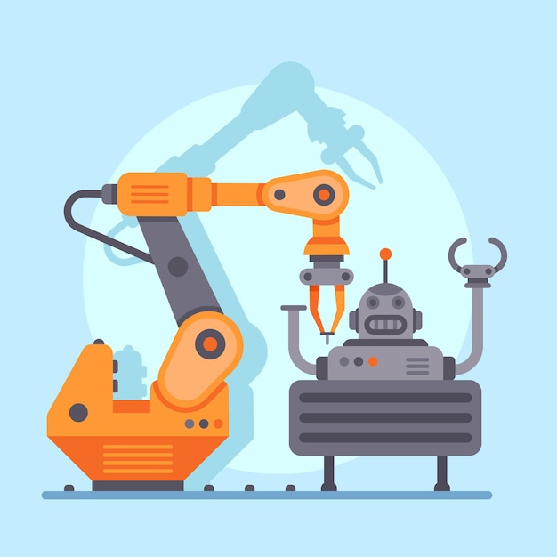Un braccio robotico articolato che costruisce un altro robot divertente entrambi in piedi su una linea di produzione all'interno di una moderna fabbrica con uno sfondo blu chiaro e un'ombra del braccio