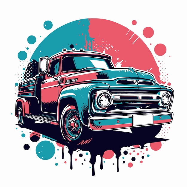 un camion rosso e blu con uno sfondo rosso e azzurro