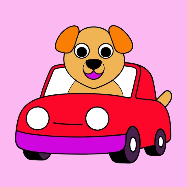 un cane di cartone animato in una macchina rossa con un cane di cartoon sulla parte anteriore