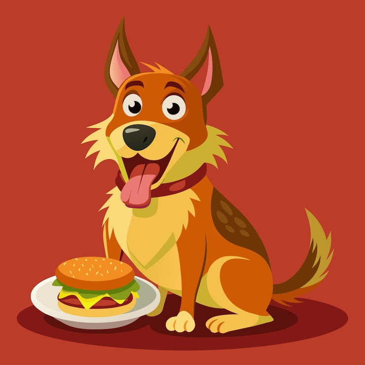 Vettore un cane felice con l'illustrazione di un cartone animato vettoriale di hamburger