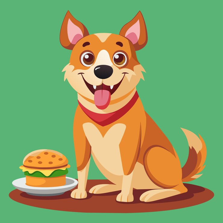 Vettore un cane felice con l'illustrazione di un cartone animato vettoriale di hamburger