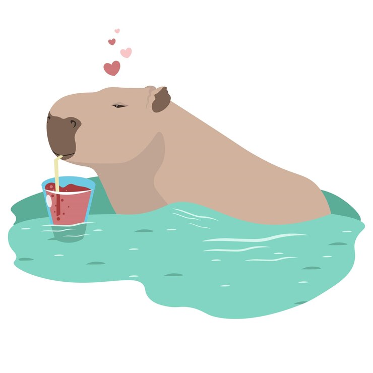 Un carino capibara si sta rilassando in una pozzanghera bevendo un cocktail