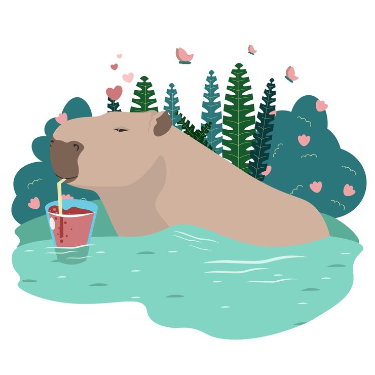 Un carino capibara si sta rilassando in una pozzanghera mentre beve un cocktail