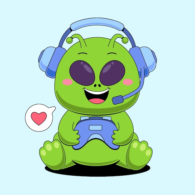Un carino giocatore alieno con le cuffie e il gamepad.