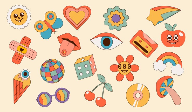 Un carino set in stile hippie degli anni '70 fiore cartone animato arcobaleno pace amore cuore camomilla mu
