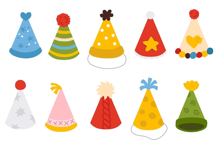 Un cartone animato di cappelli di compleanno su uno sfondo bianco