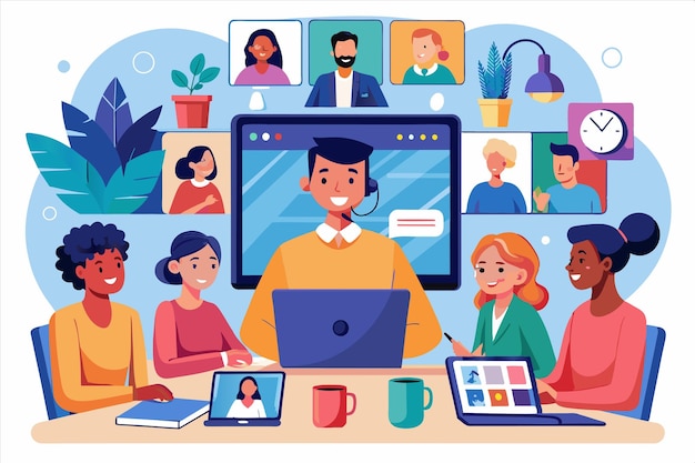 un cartone animato di persone che lavorano davanti a uno schermo computerizzato