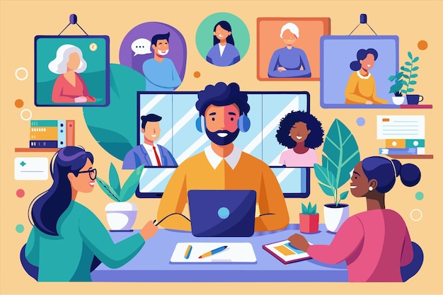 un cartone animato di persone che lavorano in una sala computer