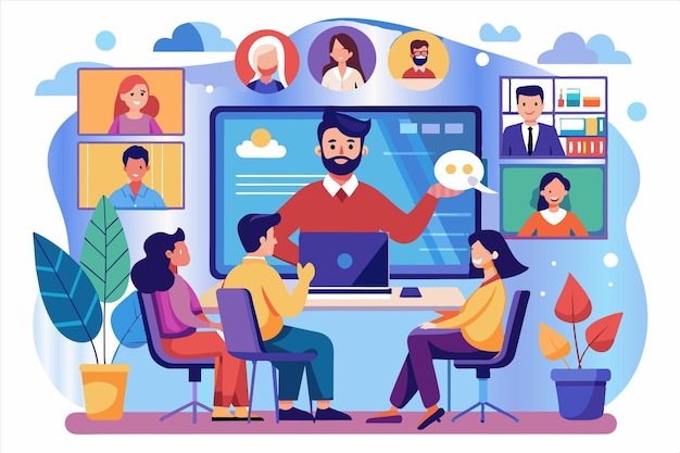 un cartone animato di persone che lavorano in una stanza con un uomo che lavora su un computer