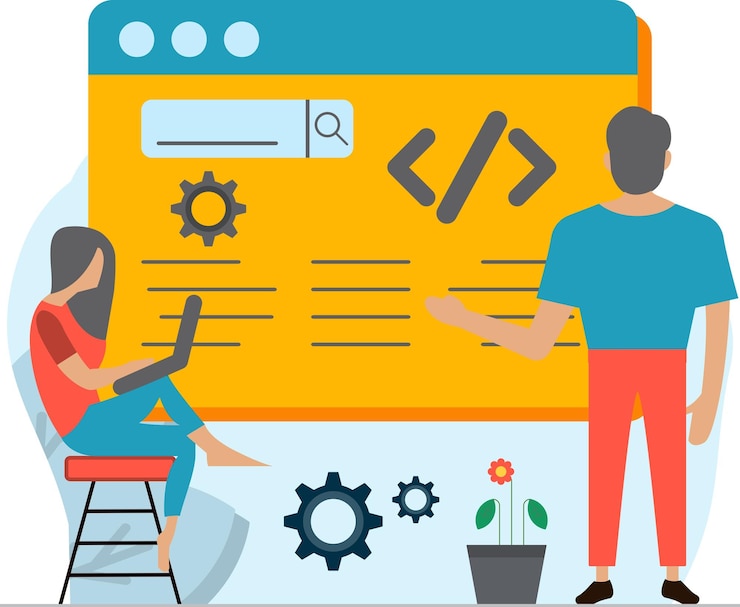 Vettore un cartone animato di persone che lavorano su una pagina web con scritto html.