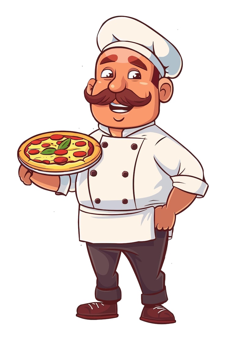 Vettore un cartone animato di un chef che tiene una pizza con una pizza su di essa