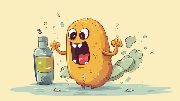 un cartone animato di un limone con una bottiglia di succo di limone accanto