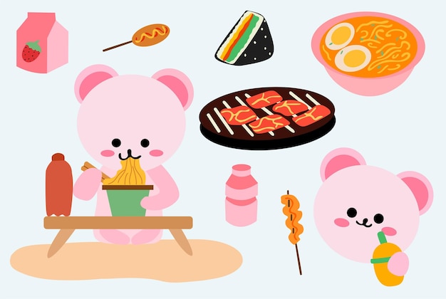 un cartone animato di un orso rosa che mangia cibo con un'immagine di un orsacchiotto e un piatto di cibo