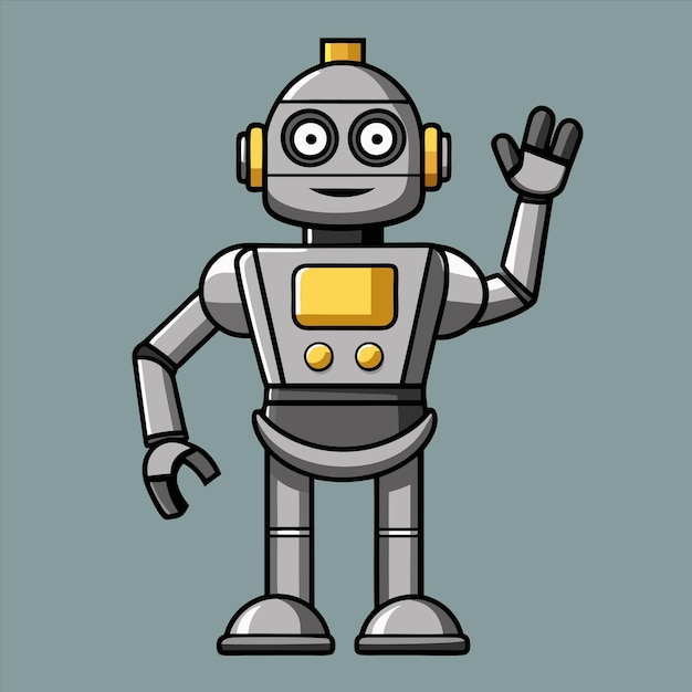 un cartone animato di un robot con una faccia gialla e le parole robot su di esso