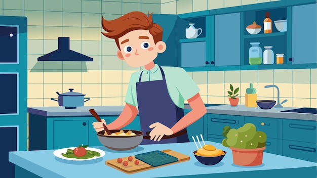 un cartone animato di un uomo che cucina in una cucina con una pentola di cibo