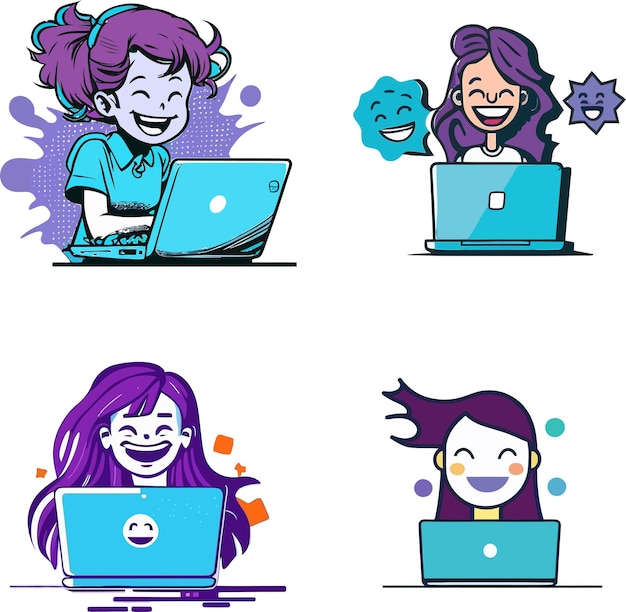 Un cartone animato di una donna con i capelli viola e un computer portatile blu