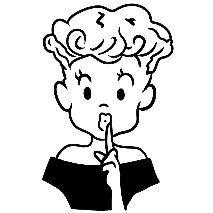 Un cartone animato di una donna con un dito sulle labbra che dice silenzio.