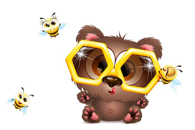 Vettore un cartoon carino carino e divertente con occhiali a nido d'ape e tre api felici.