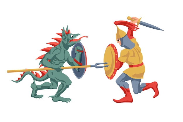 Un cavaliere medievale sta combattendo il diavolo. Il bene e il male.