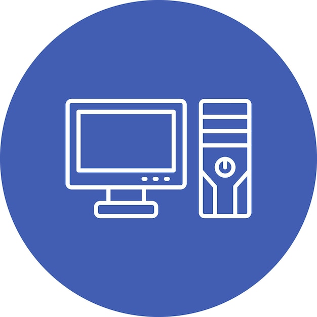un cerchio blu con un logo bianco e un monitor per computer