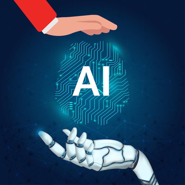 Un cervello elettronico umano e una mano robot con intelligenza artificiale appeso al cervello umano e un'IA