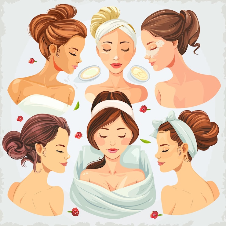 Vettore un collage di donne con asciugamani e fiori